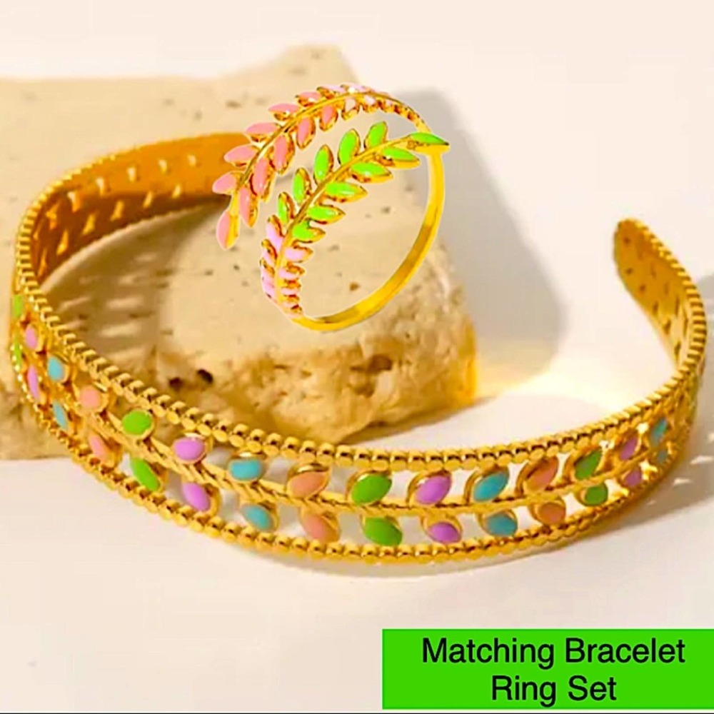 Gold Plated Leaf Design Multicolor Bangle Bracelet Ring Set